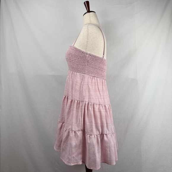 Light Pink Ruched Bodice Baby Doll Mini Dress Spaghetti Straps Swing Size L - Picture 2 of 16